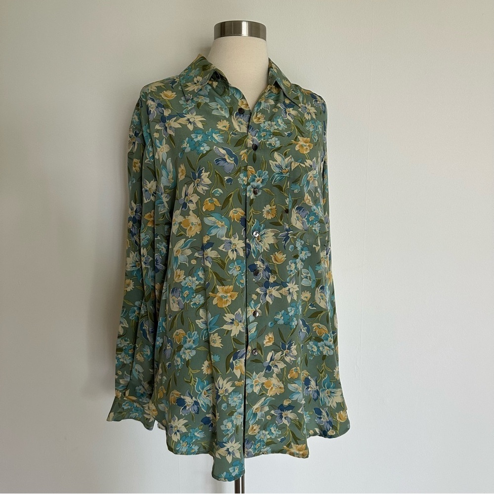 Vintage Floral 100% Silk Button Down Blouse Shirt M